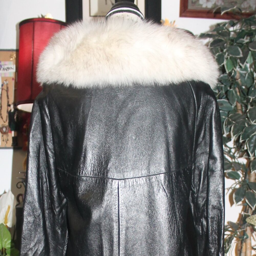 Rare Vintage 70's The Vogue Belted Black Leather & Fox Fur Jacket Coat Trench M - Picture 7 of 10